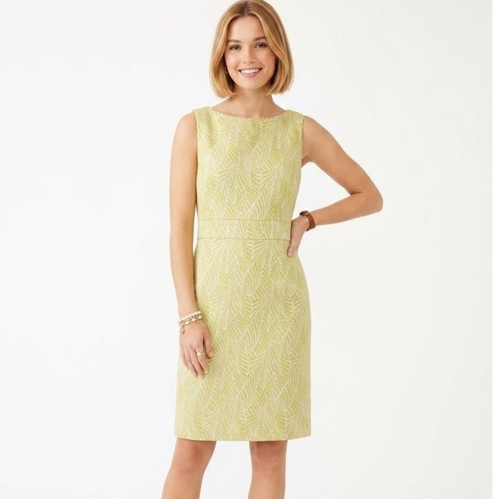 Ann Taylor | Lime Green White Jacquard Leaf Sheath Sleeveless Boatneck | 10